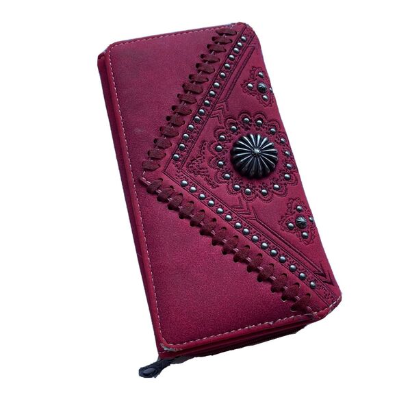 Montana West Handbags - Montana West Leather Wallet Clutch Red Silver Bedazzled Western Zip Up Jeweled